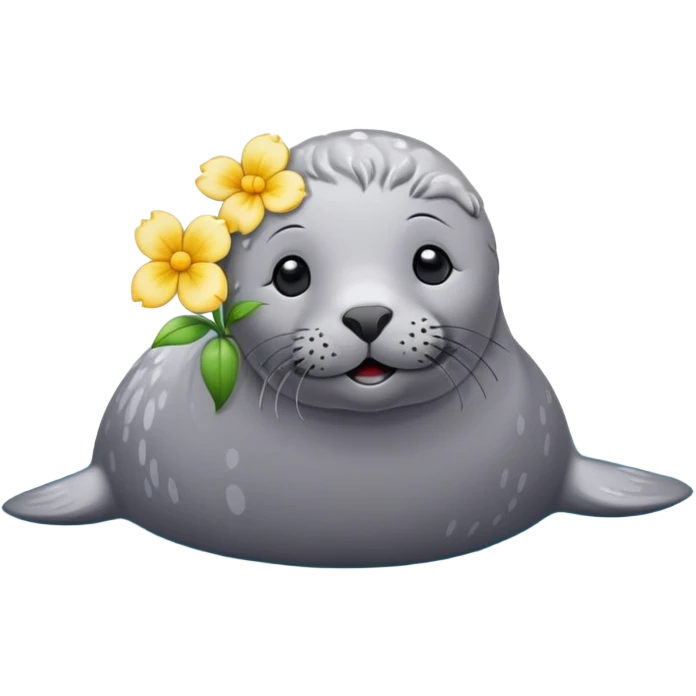 Grey Seal on the beach with the flower pin on the head emoji