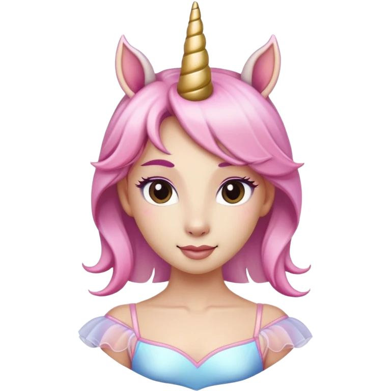 head and shoulders of an anthropomorphised female unicorn ballerina, straight on view, relaxed pose, clearly a unicorn, apple emoji style emoji