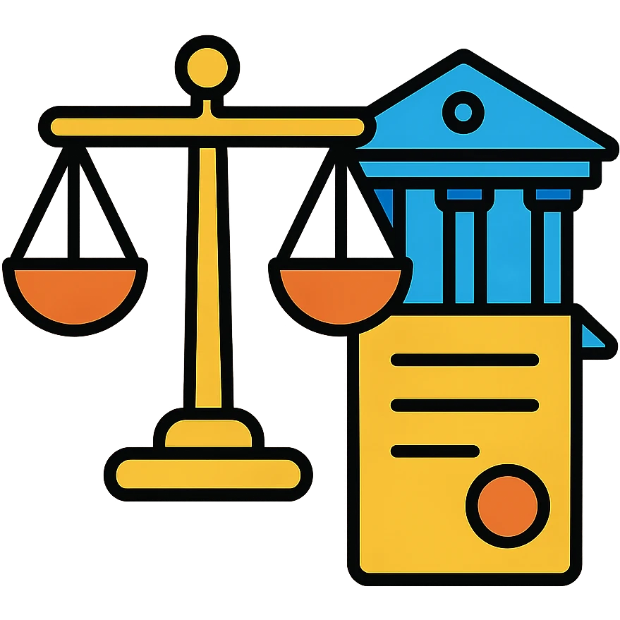 Scale of justice with government building and document - representing Responsabilité Administrative emoji