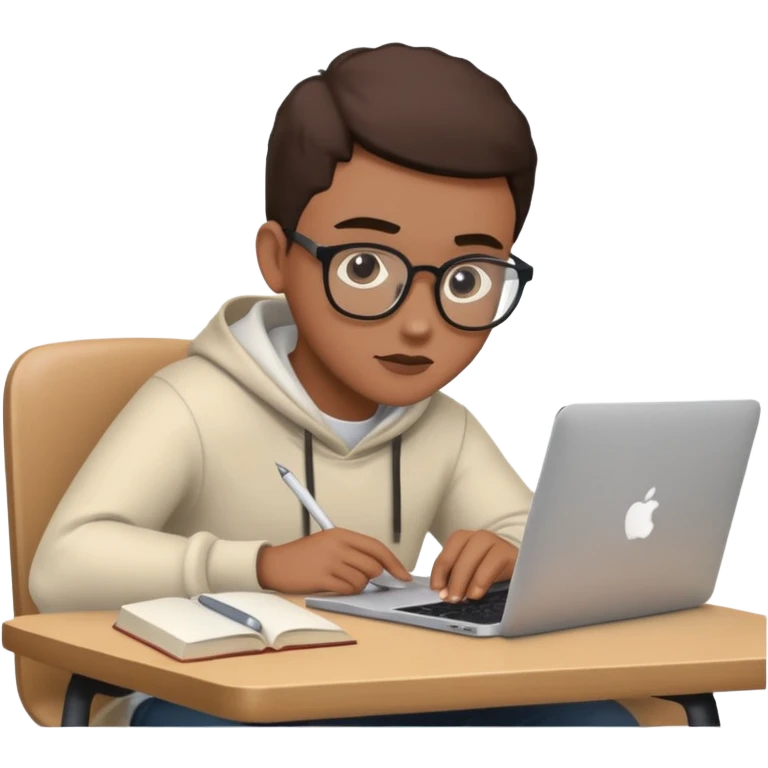 ученик учит английский язык за столом дома с макбуком прямо смотрит emoji