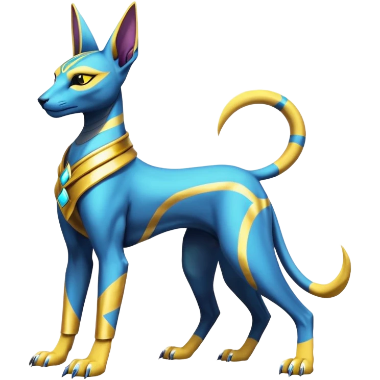 Modern futuristic shiny colorful Anubis-Sphynx-Lombax-Zeraora-Renamon-fusion (full body) emoji