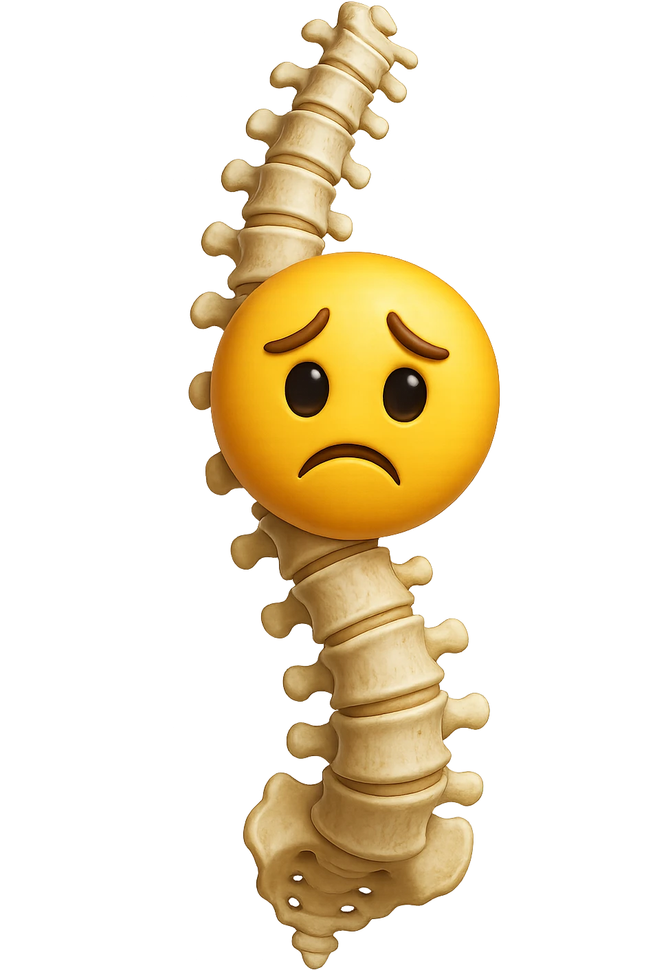 emoji stile iphone di una spina dorsale storta con espressione triste, iperrealistico 4k, isolato su sfondo bianco emoji