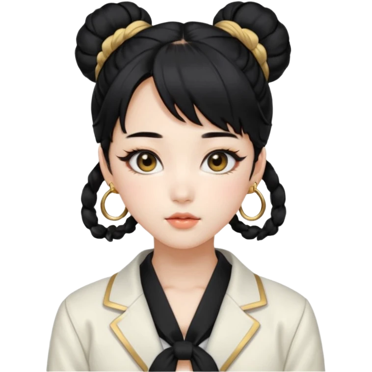 a beautiful girl face, wearing cute korean makeup, black hair, tied into two lowbuns with front bangs, black shirt, white jacket with golden shoulder pads, kpop idol emoji