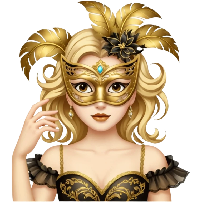 A woman in an ornate gold masquerade mask and elegant outfit, holding the mask delicately. emoji