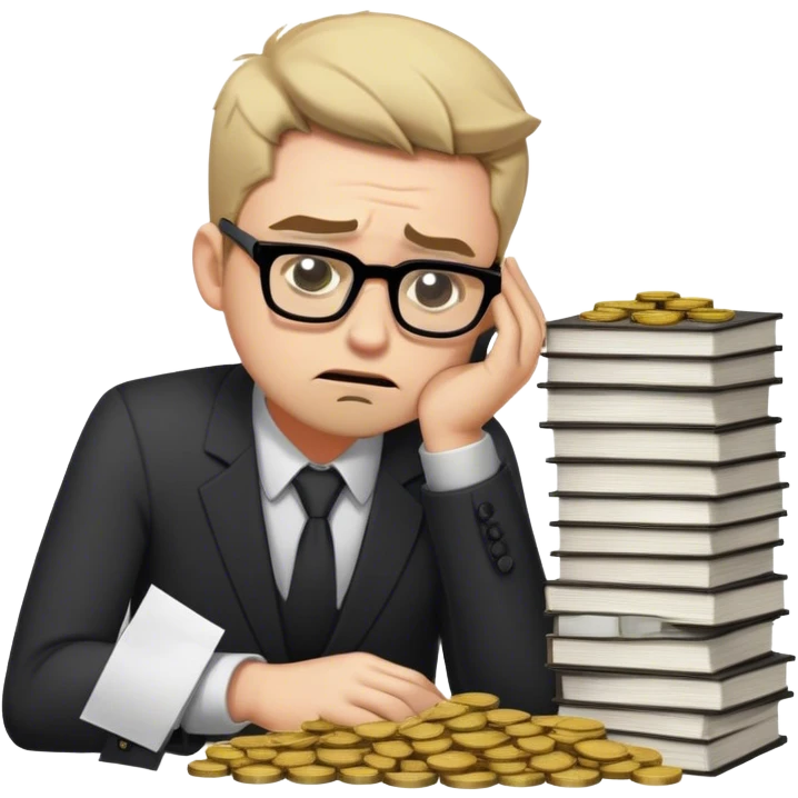Create an emoji-style character of a sad business owner with black rectangular glasses and a light stubble (afternoon shadow beard, not a full beard). He looks frustrated and disappointed as he hands over a massive stack of work (papers, laptop, or files) in exchange for a tiny coin. His posture is slouched, and his facial expression conveys exhaustion and regret. The style should be simple, expressive, and instantly recognizable as an emoji. emoji
