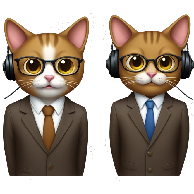 Two brown cats dressed in suits. Standing next to each other. One cat with glasses. both wearing headphones for a podcast. Happy faces. 
 emoji