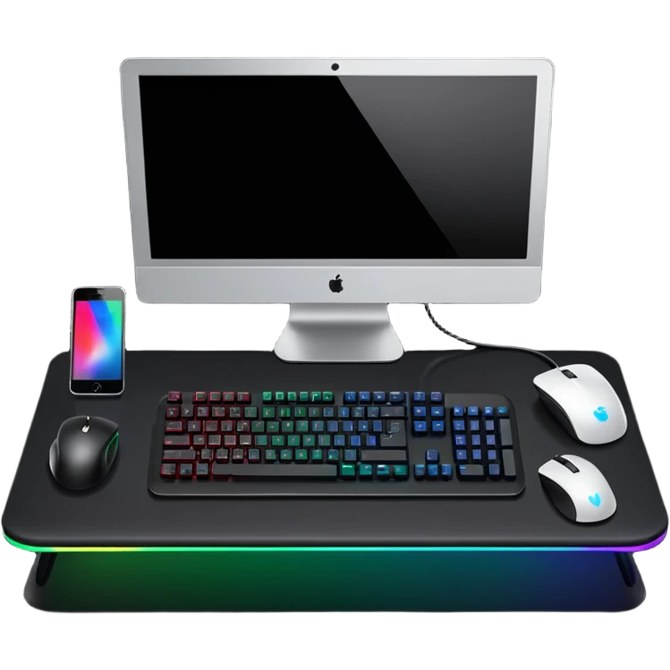 rgb gaming computer on black desk with a black keyboard and mouse emoji