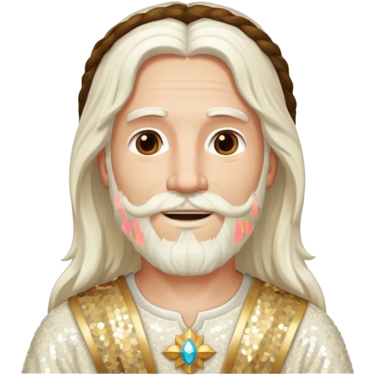 Jesus, Son of God from Gods and Goddesses with long white hair and beard, ivory sequin outfit emoji