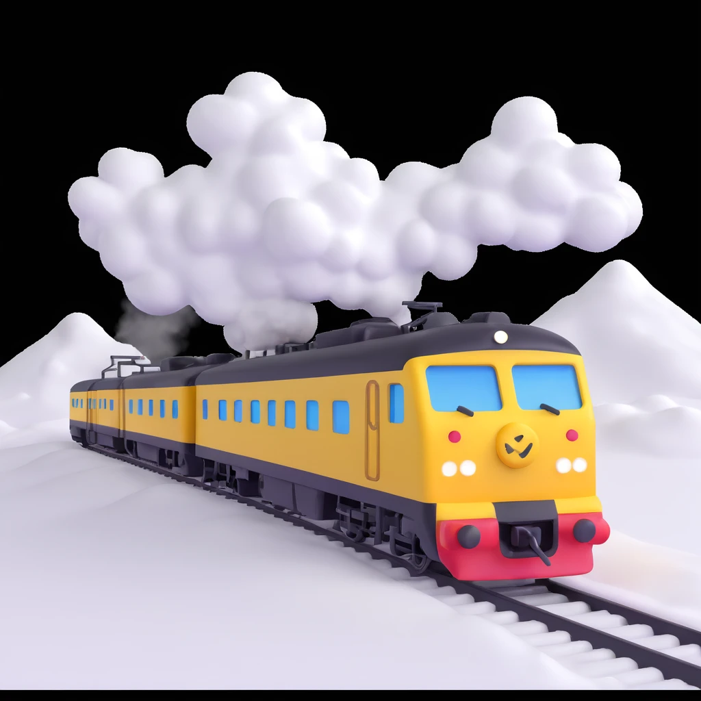Siberian railway train, crossing snowy plains, 3D emoji style emoji