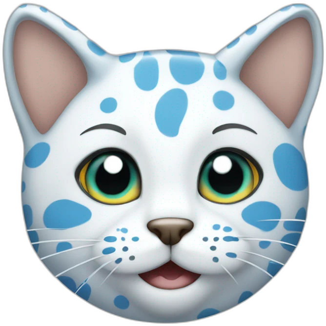 cartoon white spotted cat, the spots are blue, the one spot is on a head on his left side, the second spot is on an ear emoji