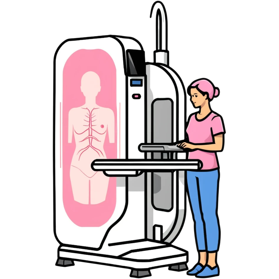 Mammogram breast cancer screening machine with female patient, medical test emoji