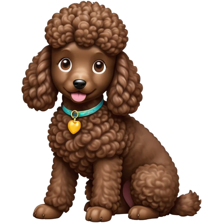 cinematic-[poodle]-realistic-full-body-sitting-emoji,-tail-resting-loosely-beside-its-paws,-head-tilted-dramatically, -curly-[chocolate]-fur,-simplified-yet-realistic-focused-features,-highly-detailed,-glowing-with-an-almost-sarcastic-glow emoji