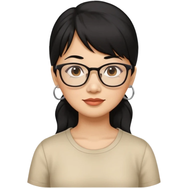 filipino woman black hair in one pony tail with straight bangs and big glasses, 50 yr old emoji