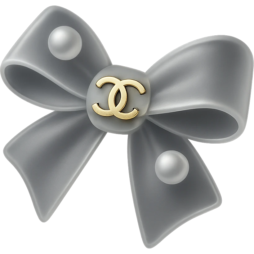 elegant bow with pearls and gold Chanel logo, glossy, black and white emoji