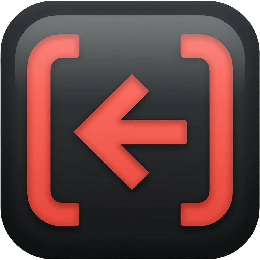 Минималистичный геометрический векторный эмодзи на глубоком черном фоне. В центре — вырезанный элемент цвета FF4500, образующий точную форму стрелки влево, заключенной между двумя квадратными скобками [ < ]. Четкие линии, эффект глубины выреза, точная репликация геометрии emoji