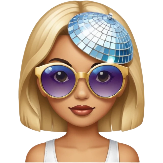 a girl with funky sunglasses and a disco ball above her emoji