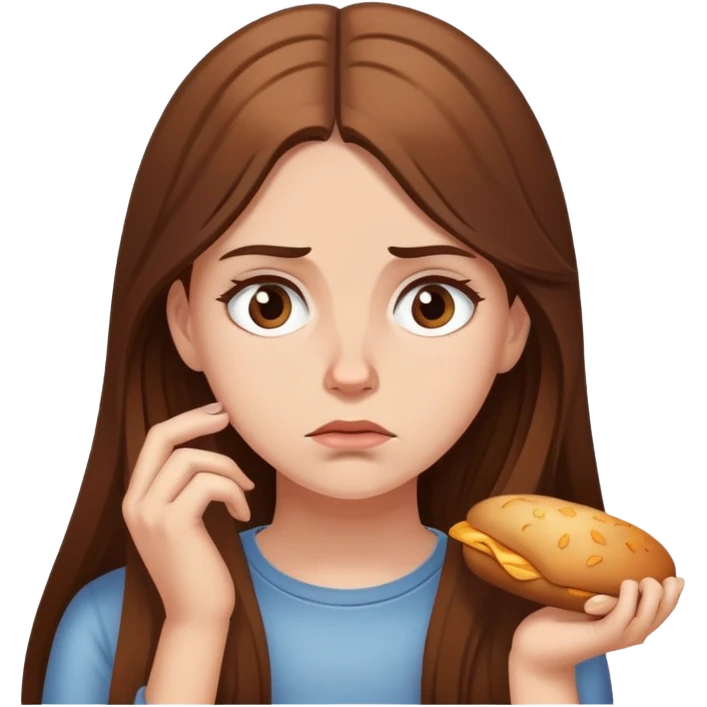 Hungry white girl with brown long hair, thinking sadly about food emoji