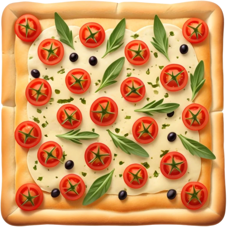 cinematic-realistic-isometric focaccia-bread-dish-emoji,-depicted-as-a-golden,-olive-oil-brushed-flatbread-sprinkled-with-herbs-rendered-with-lifelike-texture-and-soft,-appetizing-lighting showing olives on top and the cherry tomatoes sliced emoji