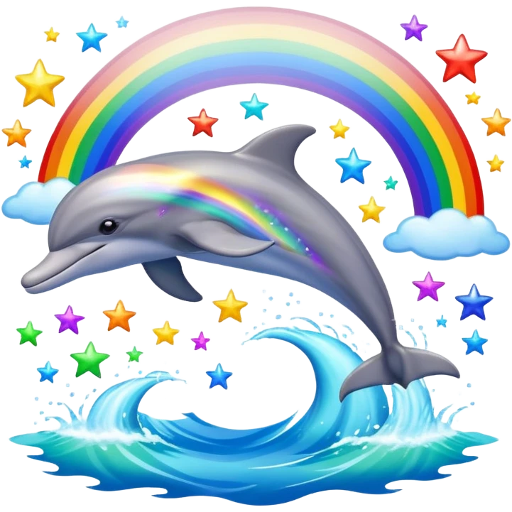 A dolphin jumping over the ocean with a rainbow behind it and there us lots of sparkling stars around  emoji