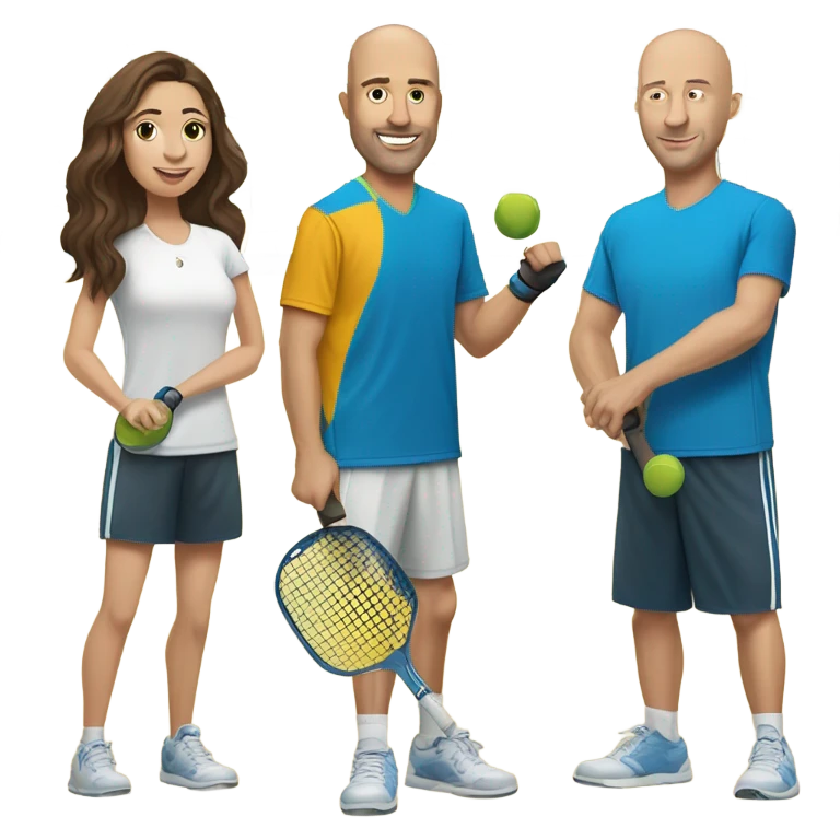 4 Caucasian people playing pickleball with 1 tall bald male, 1 shorter dark brown hair male, 1 girl with long brown hair, 1 girl  with brown hair emoji