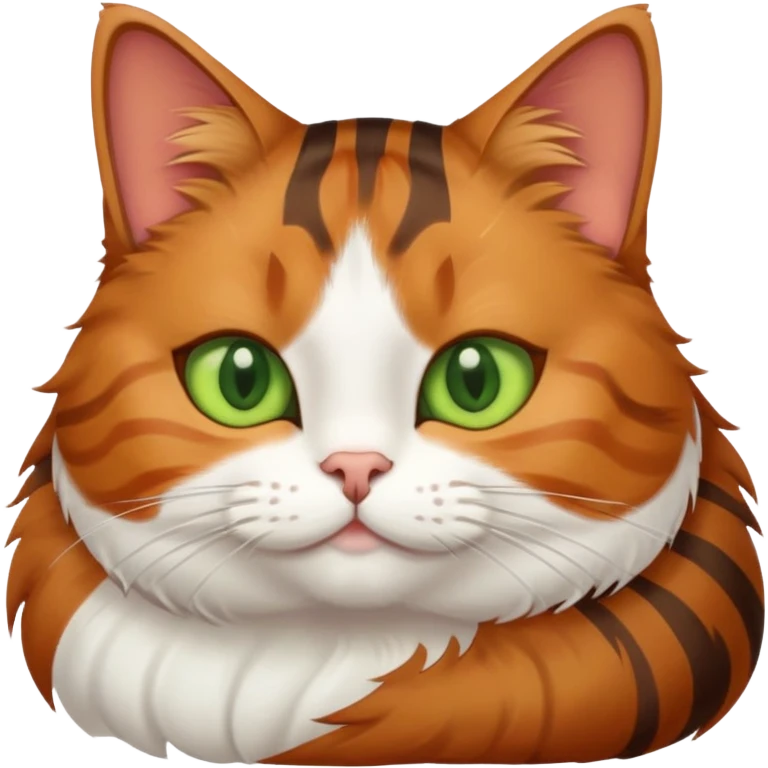 Cat with brown and orange stripes, green eyes, one ear on right side, fat emoji
