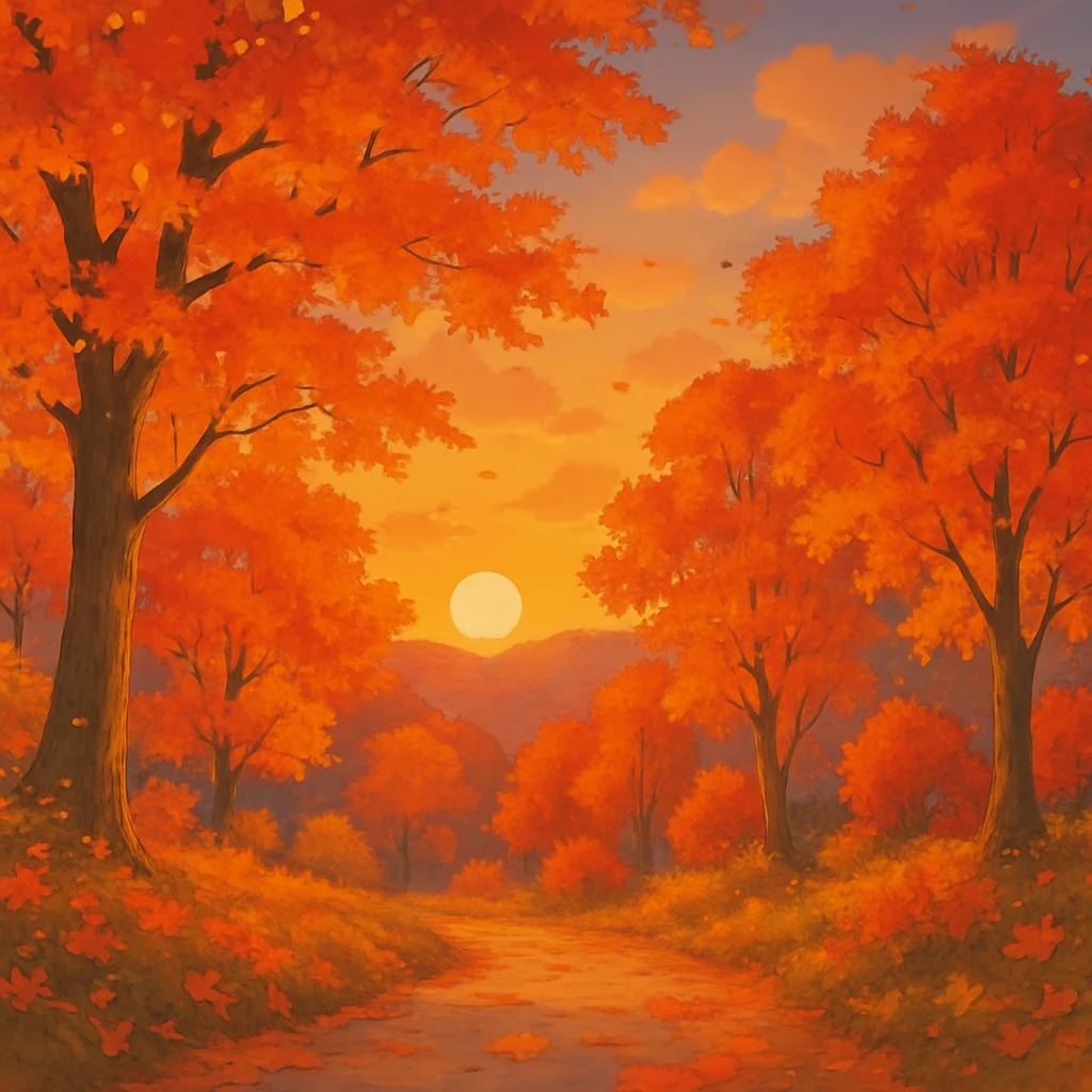 fall season sunset with vibrant autumn colors, colorful leaves, cozy atmosphere in ghibli style emoji