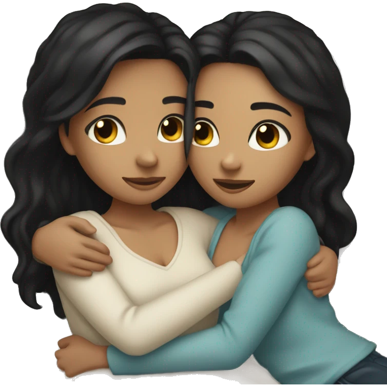 Two girls one with tan skin black hair one with white skin black hair cuddling on a bed together  emoji