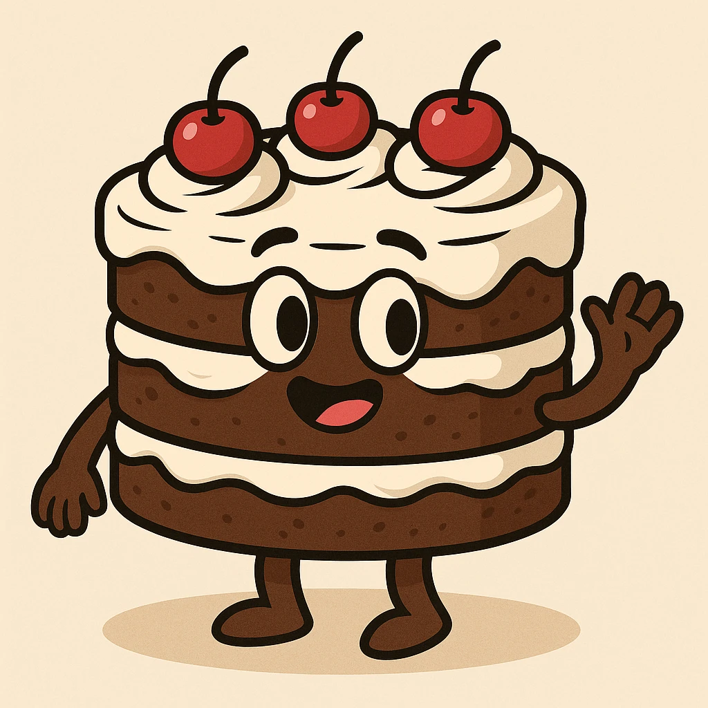 black forest cake, cartoon style, chocolate sponge, whipped cream, bright red cherries, playful and cute emoji