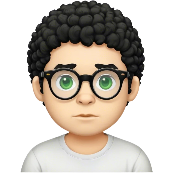 Chico blanco con ojos redondos de color verde , cabello negro corto ensortijado y con camisa gorillas y con gafas  emoji