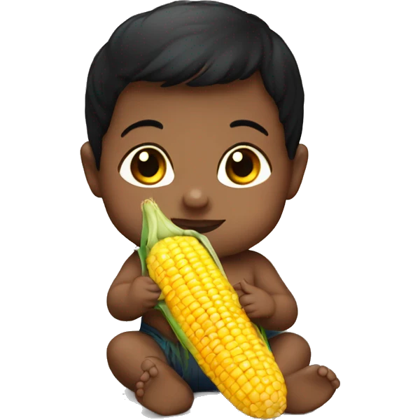 Dark haired baby holding a corn emoji