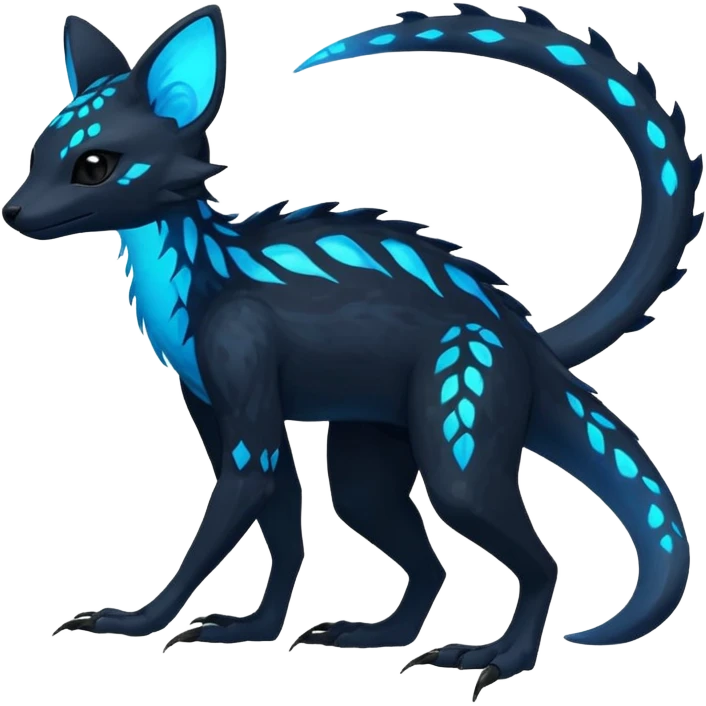 Rare realistic dark black with glowing blue bioluminescent edgy badass epic pretty beautiful handsome gorgeous aesthetic colorful vibrant Vernid-Trico-Amaura-species-Fakemon-creature by LiLaiRa, 4 legs, 1 tail, random markings, (full body) emoji