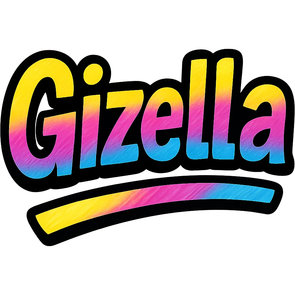 Gizella name in modern colorful gradient font with dark outline, dynamic slanted or partial underline, in the style of reference patterns emoji