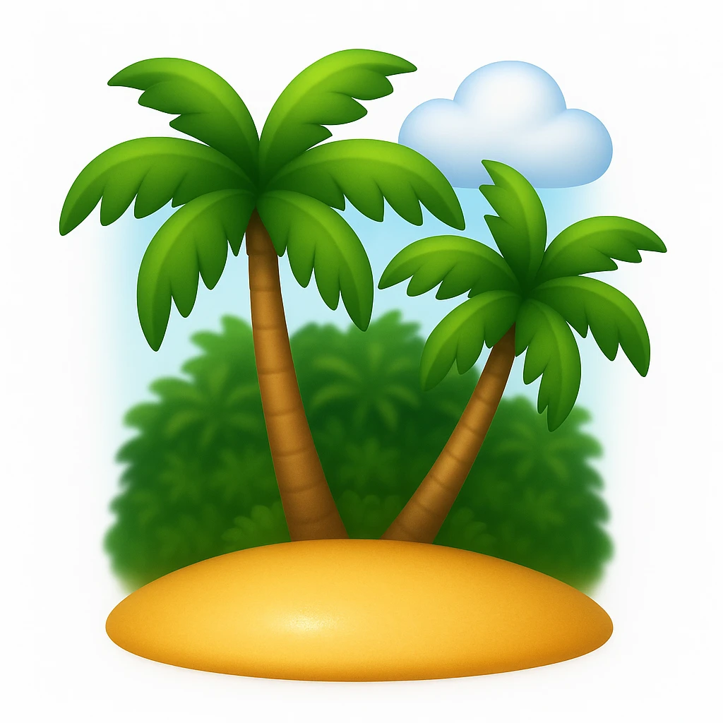 Create a beach emoji that looks exactly like the reference image in classic iOS emoji style. The emoji should have a 3D appearance with shiny, smooth gradients and soft shadows. Include palm trees and sand with the classic emoji look, emphasizing the 3D, shiny, smooth gradient style and soft shadows as seen in iOS emojis. Add a subtle highlight to the sand to enhance its texture and shine. emoji