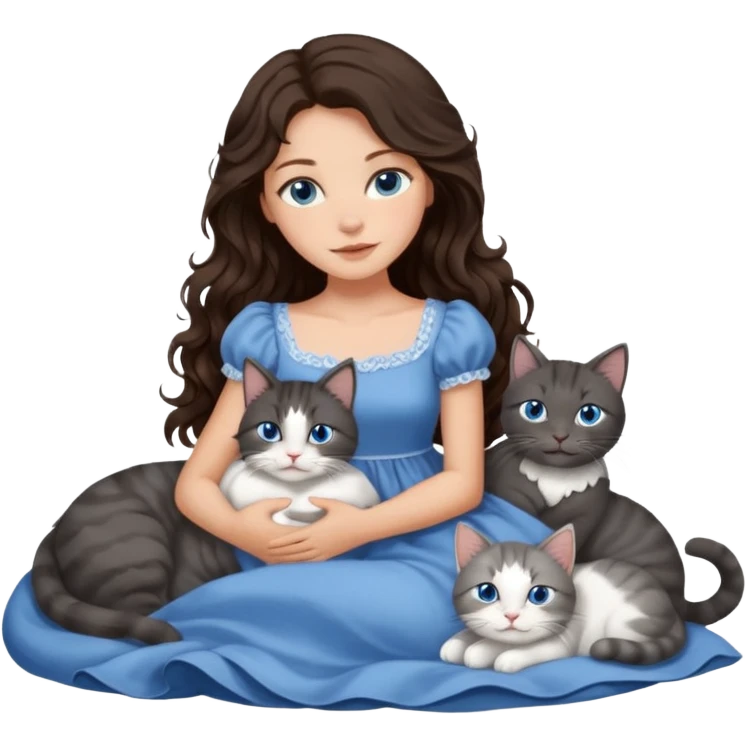 detailed realistic looking a dark grey and white cat regally laying with six other cats, cuddling with their owner in bed who is a pretty bratz lightly tanned white girl with long dark brown hair, blue eyes and gorgeous long wavy hair wearing a pretty detailed dress emoji