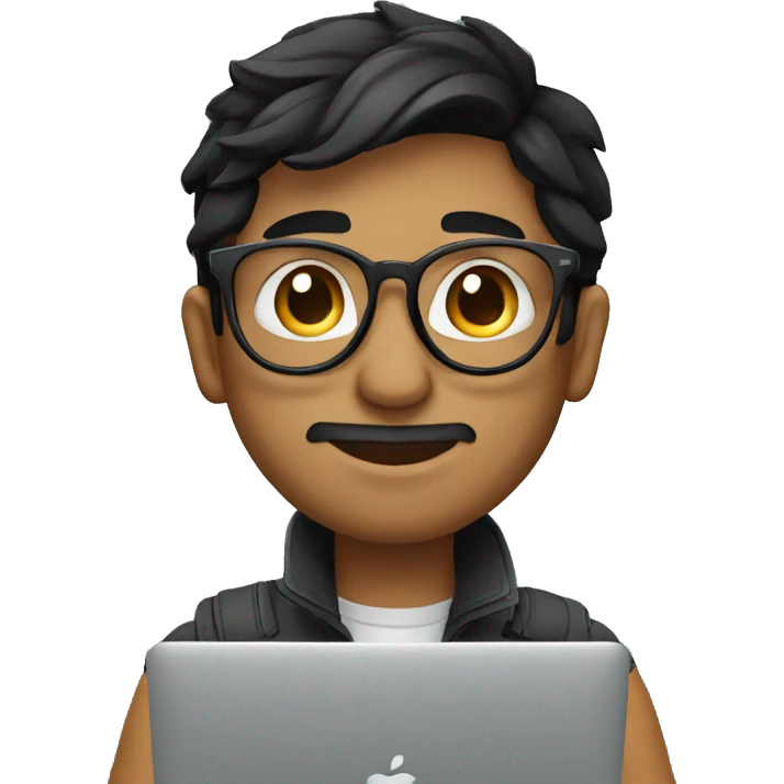 young male indian designer, black hair, aviator eyeglasses, working on Macbook emoji