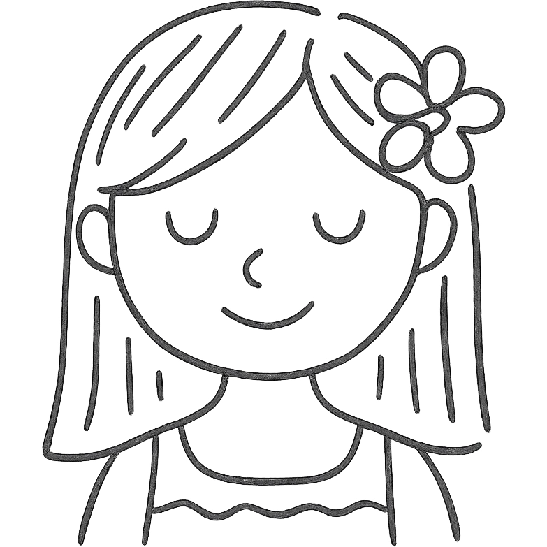 girl with straight hair, flower in hair, summer hand-drawn style outlined icon emoji