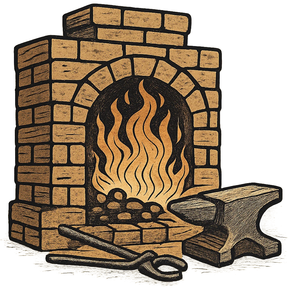 ukiyo-e inspired cartoon illustration of a forge with fire and bricks emoji