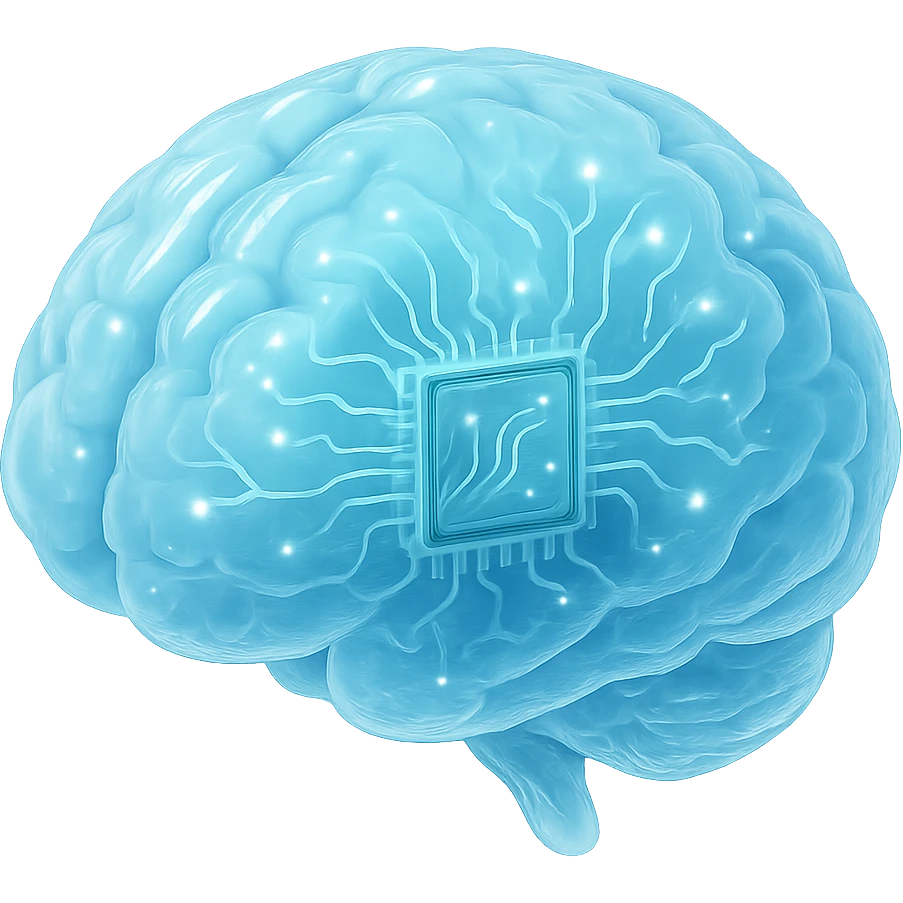 A human brain with transparent jelly-like appearance, showing internal neural connections as circuit-like patterns and small glowing synapses emoji