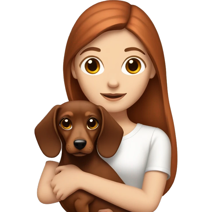 White girl with straight brown hair holding a red  and browndachshund  emoji