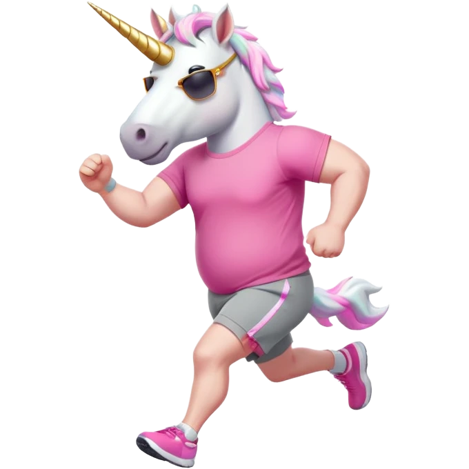 friendly anthropomorphised male white unicorn with an extra chunky, very strong and stocky build, arms and legs matching the white of the head, in grey shorts and pink t-shirt, wearing dark sunglasses, jogging upright in a standard pose emoji