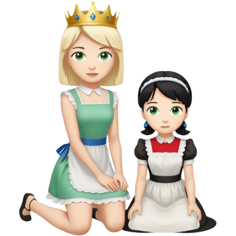 King, standig, black hair, blue eyes, garmont, and maid, blonde Hair, green eyes, white short sleveless dress, kneeling  emoji