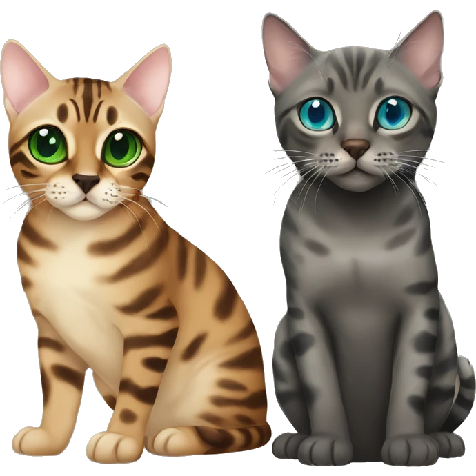 Seal Bengal cat with Blue eyes + charcoal Sepia bengal cat with Green eyes sit Next to each other  emoji