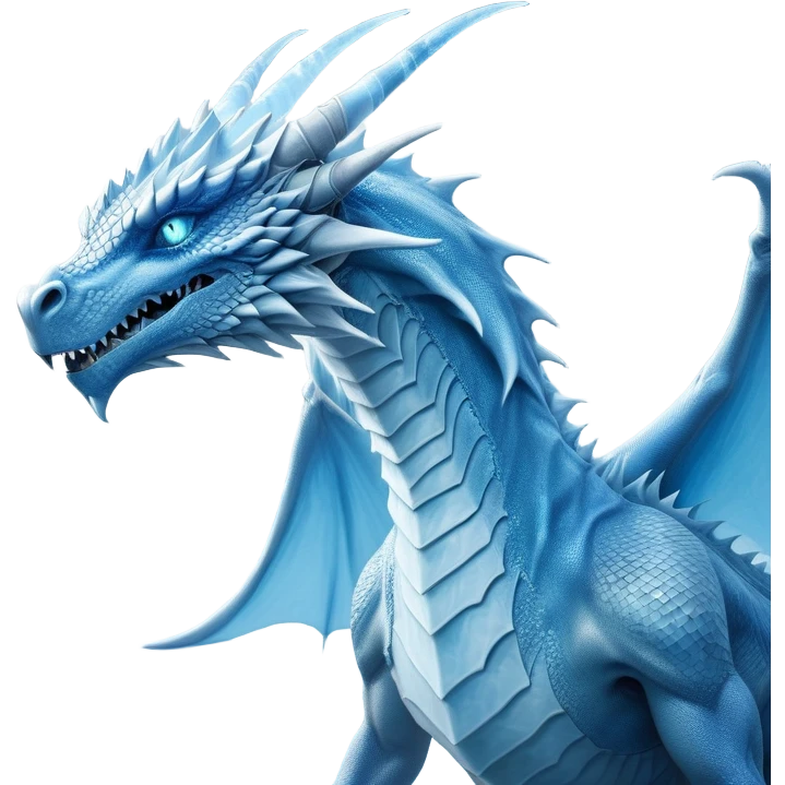 Cinematic Noble wise elegant Ice Dragon Portrait Emoji, Poised and imposing, distinct long elegant snout, with a slender, scaled body shimmering in glacial hues of icy blue, frostbitten silver, and crystalline white, breathing out frost, with piercing, glowing ice blue white eyes that radiate the chilling depths of an arctic storm; rendered in detail. excuding wisdom emoji