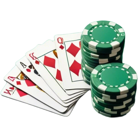 A photorealistic icon featuring playing cards and a stack of poker chips on a green felt table. Bright, detailed design with realistic textures and lighting. Transparent background, clearly symbolizing card games and strategy. emoji