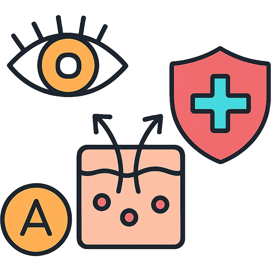 Vitamin A benefits: healthy eye, regenerating skin, and immune system shield emoji