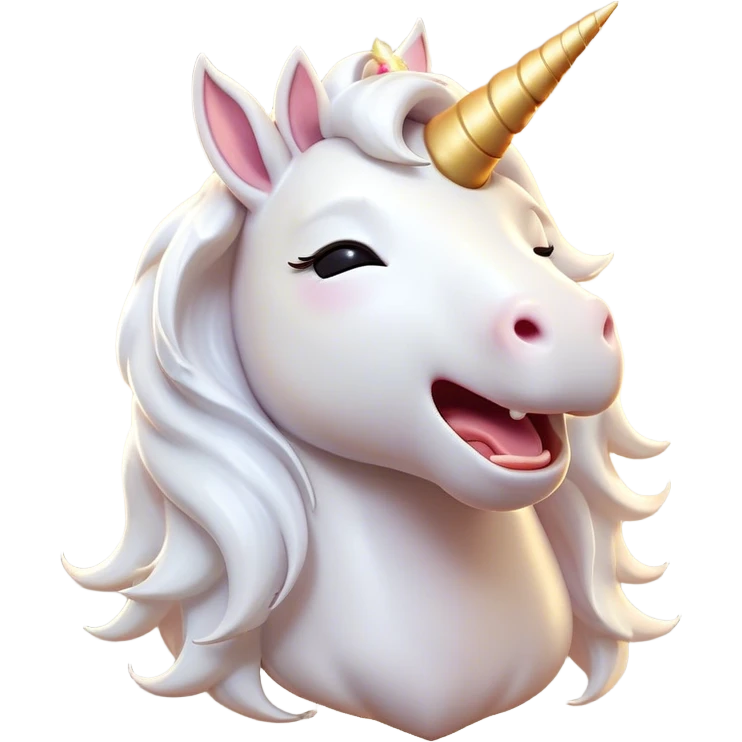 Cinematic Cute Yawning White Unicorn Portrait Emoji, Head tilted slightly with a dramatic, wide-open yawn, showcasing a softly elegant form with a gently cascading mane, a subtly glowing horn and sleepy, half-closed eyes, Simplified yet irresistibly adorable features, highly detailed, glowing with a soft, cozy magical glow, high shine, relaxed yet expressive, stylized with a dash of whimsical enchantment, soft glowing outline, capturing the essence of a drowsy yet affectionate white unicorn that appears ready to stretch and yawn its way out of the screen! emoji