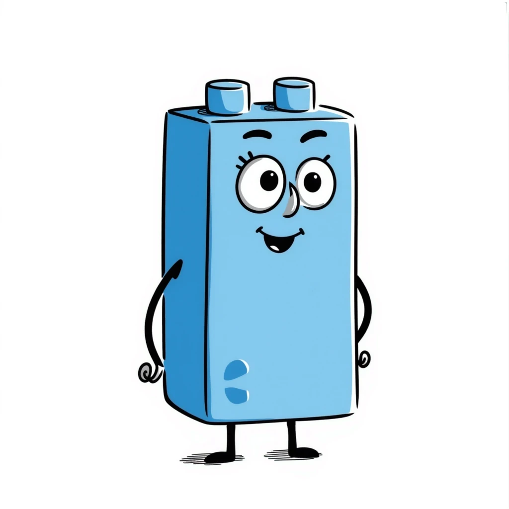 A hand-drawn blue Lego-style brick with a silly expression and tiny arms emoji