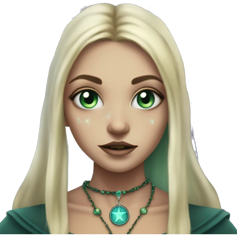 blonde witch girl with green eyes and straight hair with a birthmark above her upper lip wearing a necklace in a form of pentacle with a small blue stone inside doing tarot spread  emoji