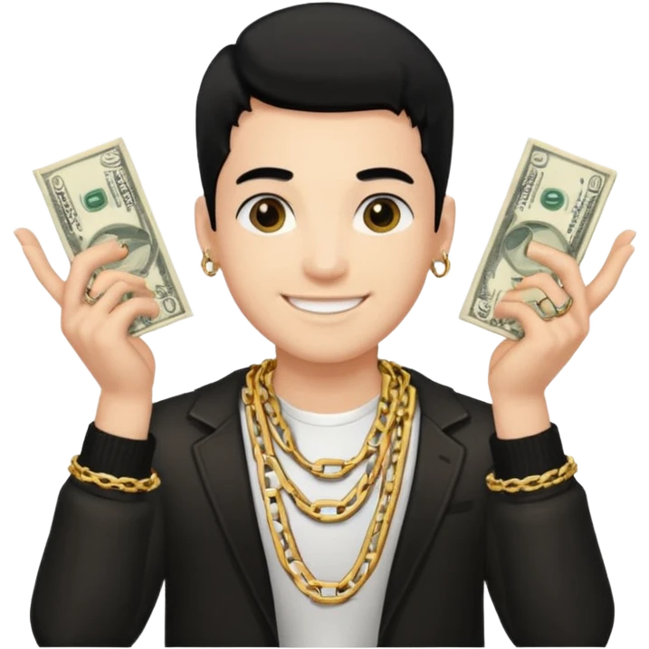 Has un chico con mucha plata en sus manos y en su alrededor, Con una cadena que diga "JovenBallin" y que tenga pelo negro y sea piel blanca emoji