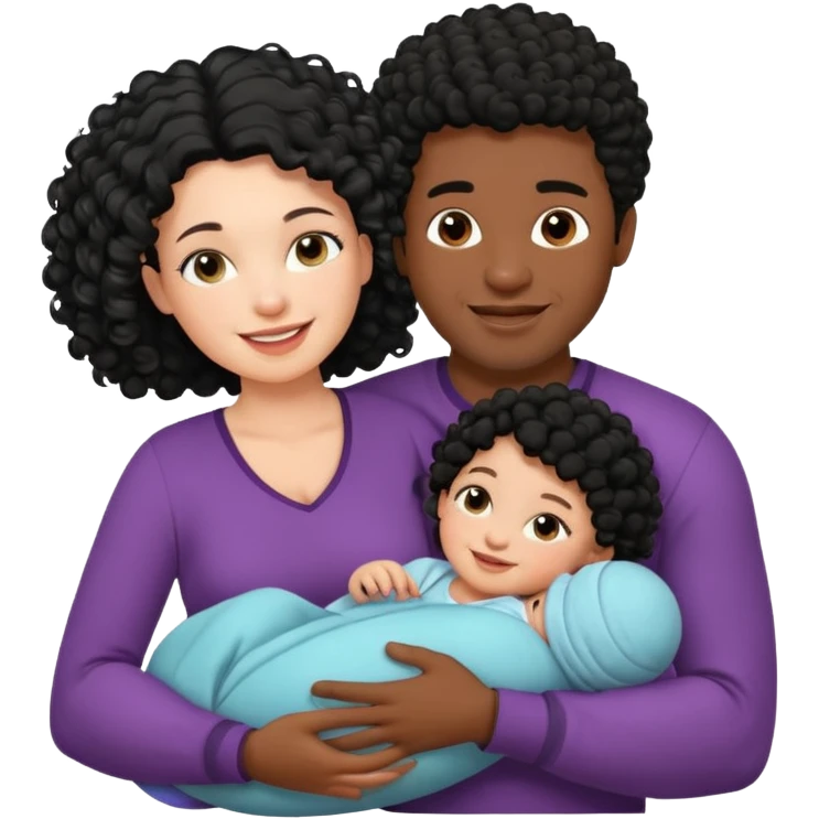 family: white woman curly black hair, black man with short black frizz hair, one 2 y o daughter mixed skin color , and a newborn in the and of the mother emoji